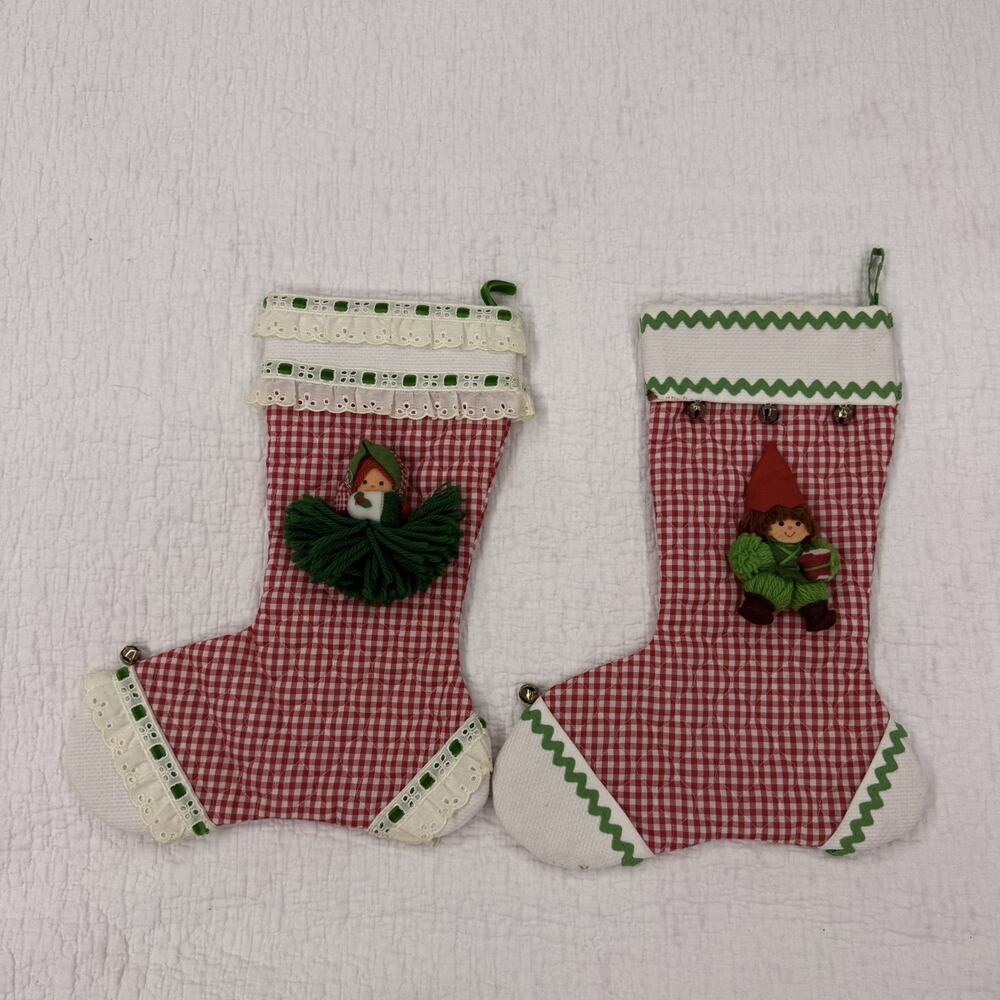 Vintage Girl and Boy Stocking Christmas Holiday Set of 2 Handmade